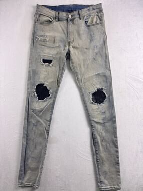 MNML Distressed Denim Jeans Sz 31 Slim Fit Light Blue Black Knee Patches